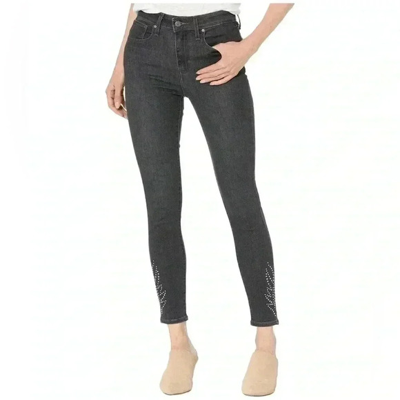 Levi’s 721 High Rise Skinny Jeans Studded Ankle Cropped Washed Black  Size 26 - Picture 1 of 16